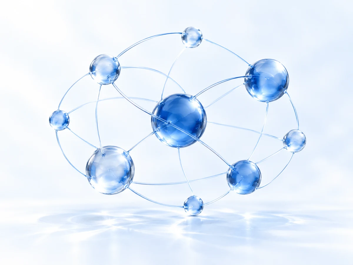 Illustration of distinct blue glass spheres connected by fine threads